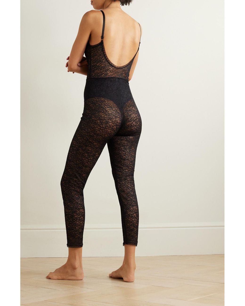 Eres Black Satin-Trimmed Lace Bodysuit