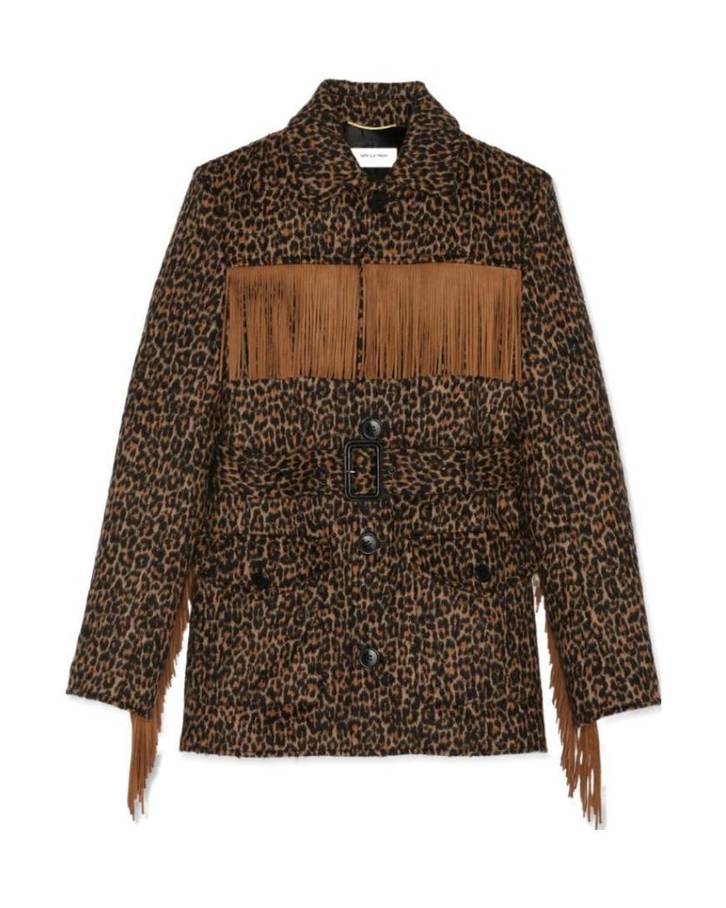 Saint Laurent Brown Leopard Print Fringed Jacket