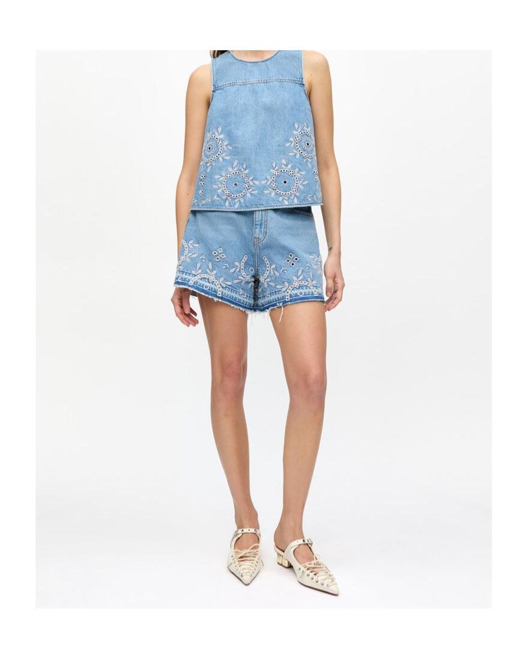 Ganni Blue Broderie Anglaise Denim Shorts