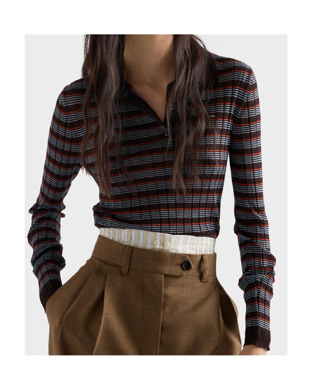 Prada Black Striped Embroidered Knit Polo Top