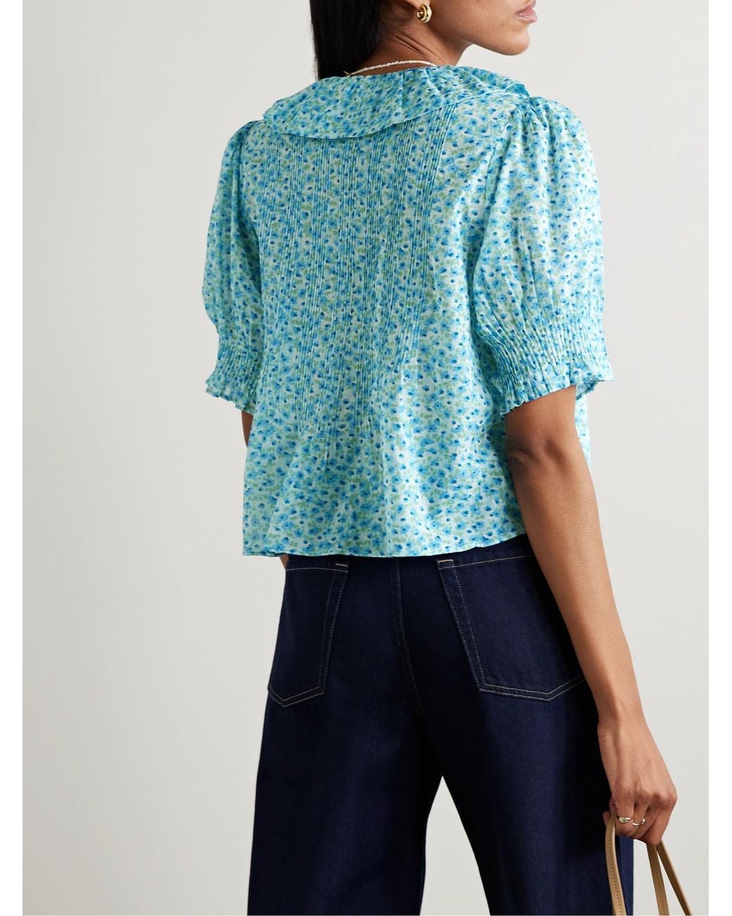 Doen Blue Ruffled Pintucked Floral-Print Voile Top