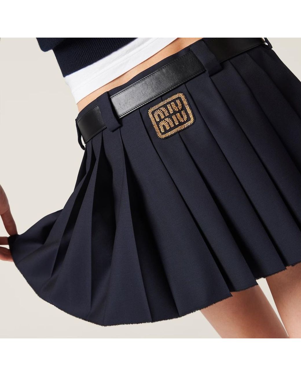 Miu Miu Blue Logo-Patch Pleated Mini Skirt