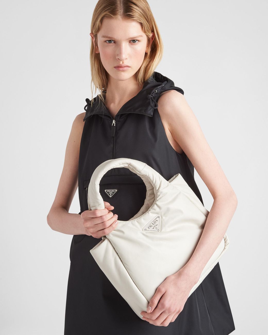 Prada White Logo Plaque Top Handle Tote Bag