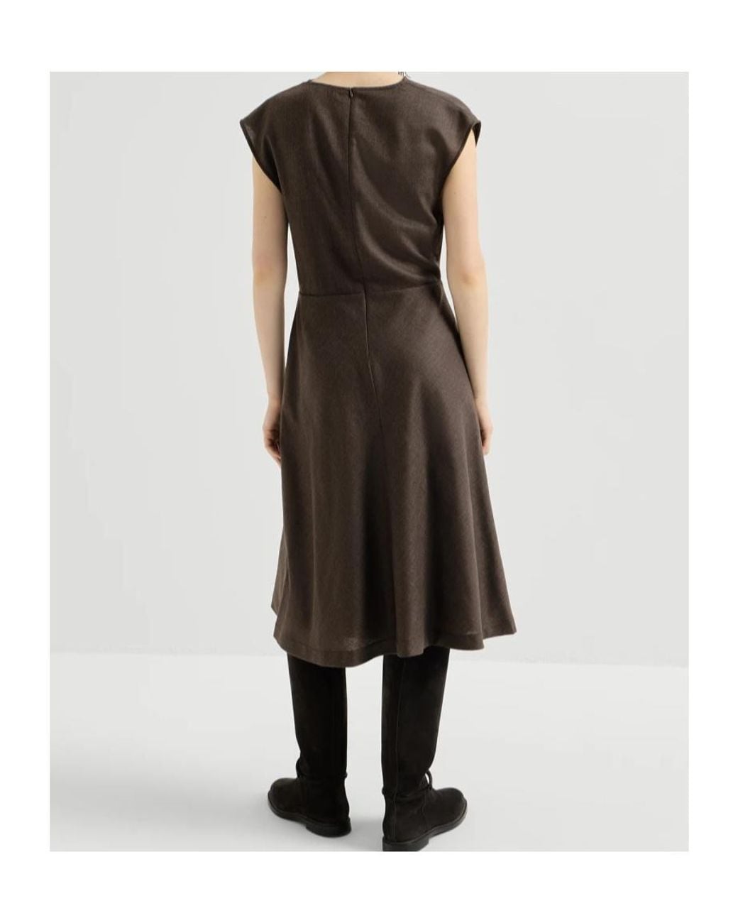 Brunello Cucinelli Brown Virgin Wool Diagonal Flannel Wrap-Effect Dress With Monili