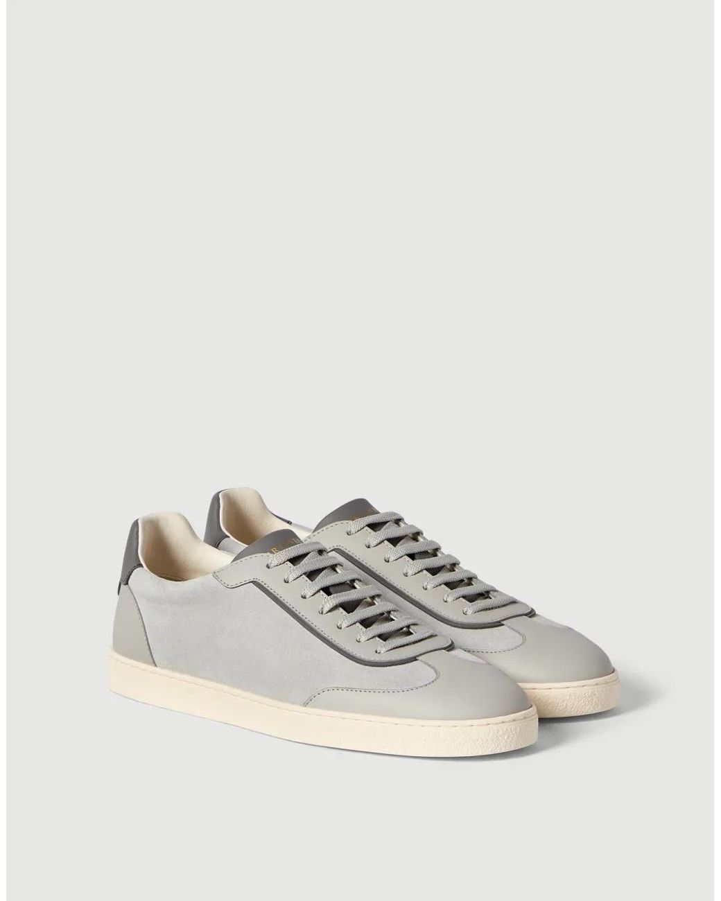 Brunello Cucinelli White Suede And Polished Calfskin Sneakers for men