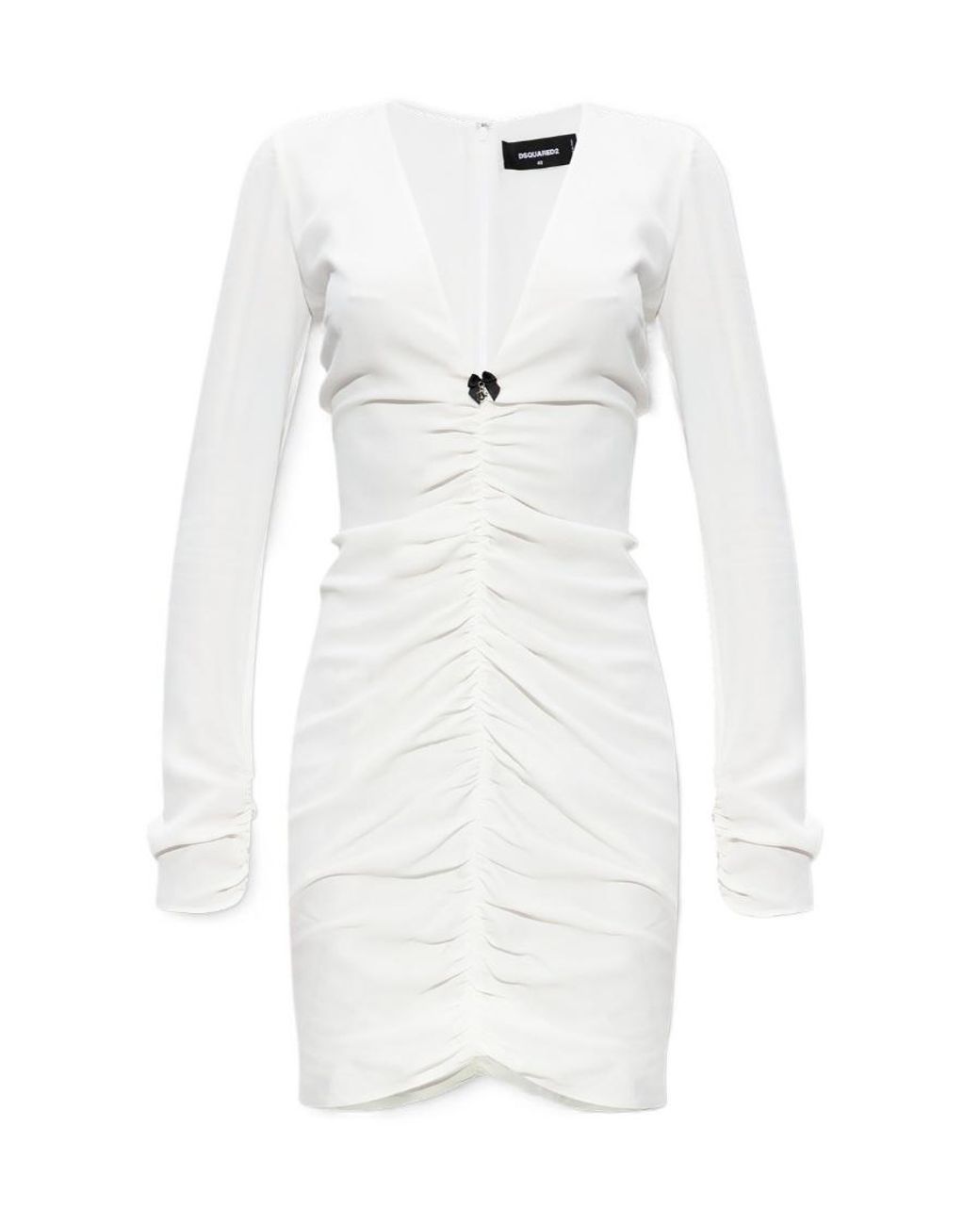 DSquared² White Long Sleeved V-Neck Gathered Mini Dress