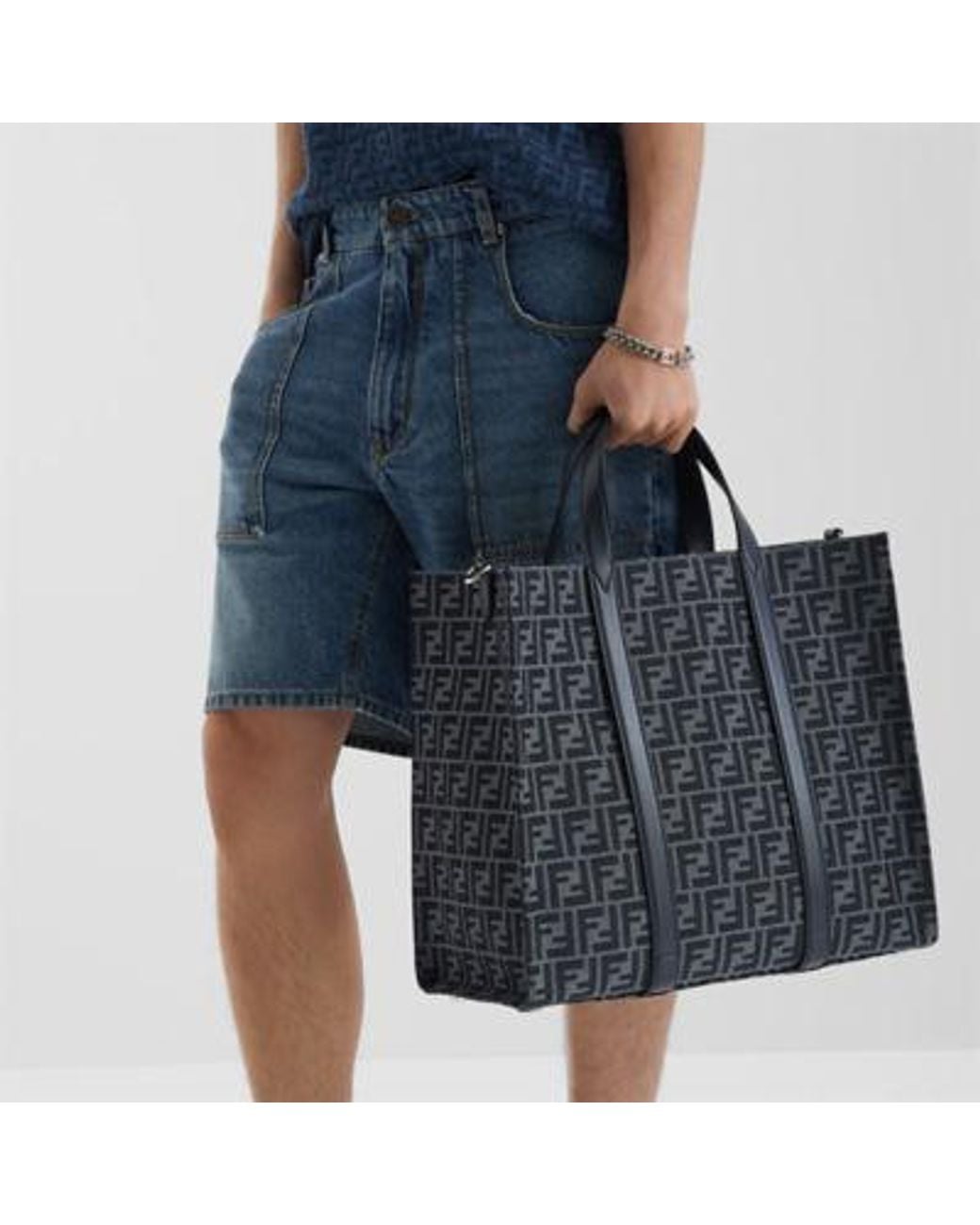 Fendi Blue Ff Jacquard Tote Bag for men