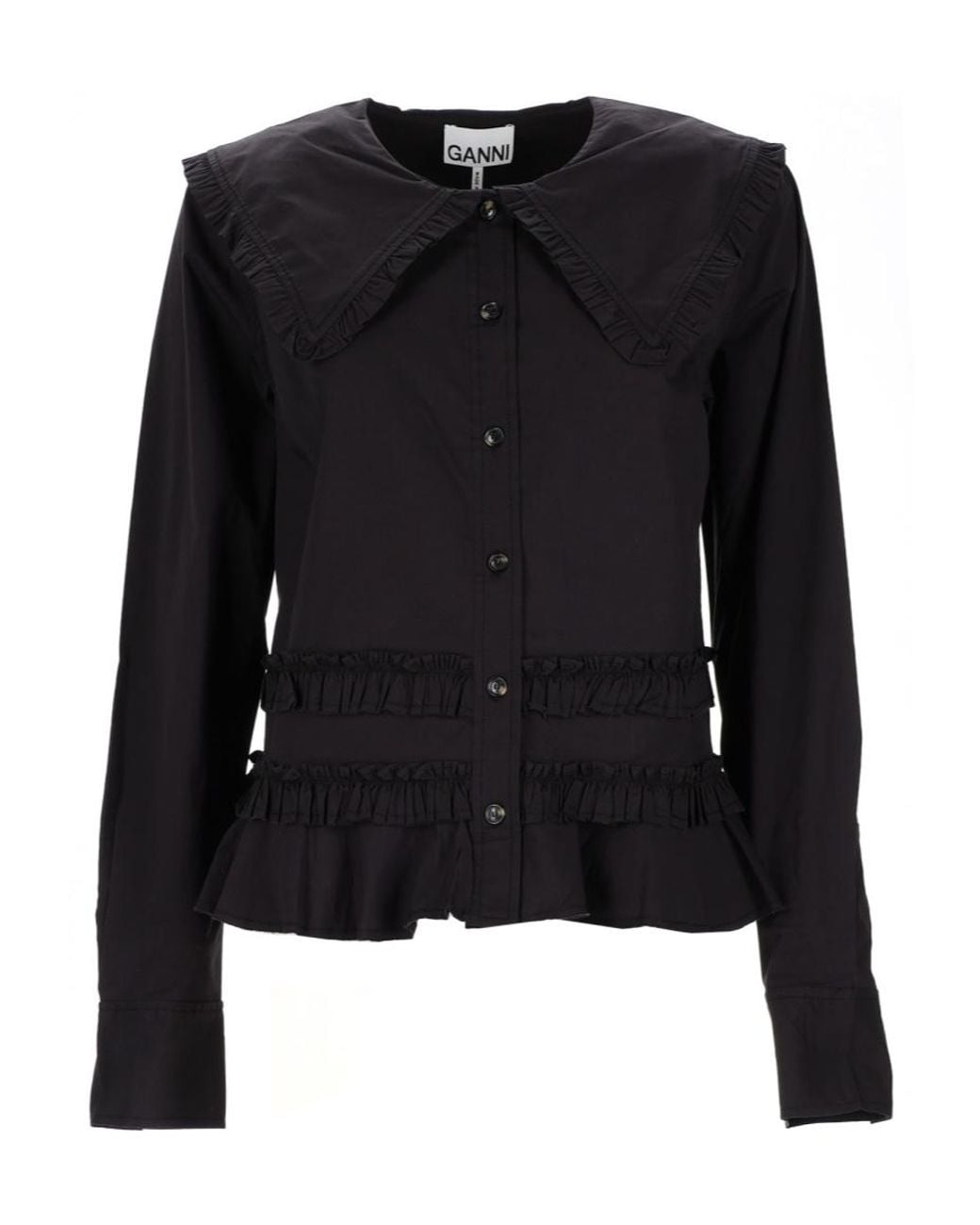 Ganni Black Long-Sleeved Ruffled Shirt
