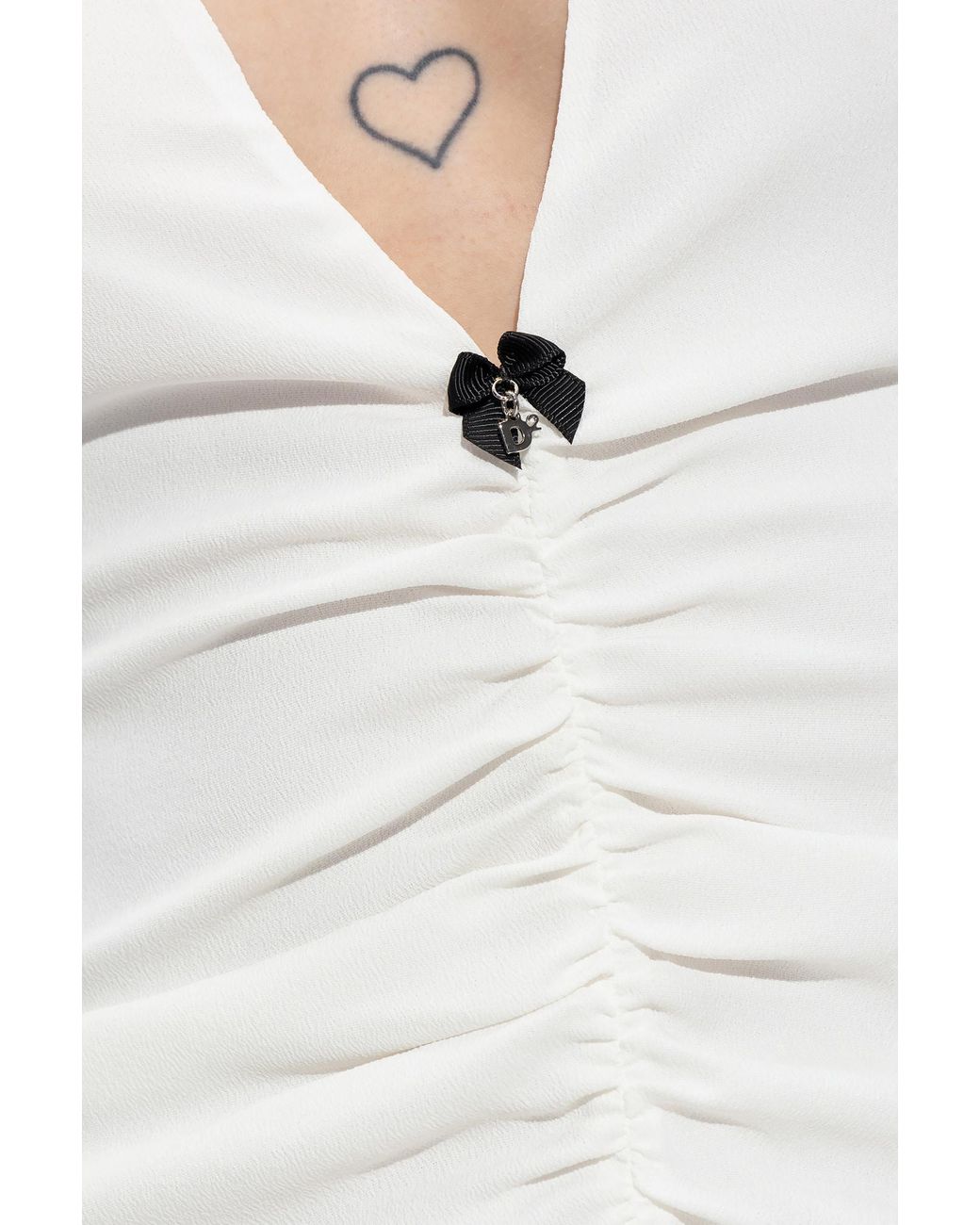 DSquared² White Long Sleeved V-Neck Gathered Mini Dress