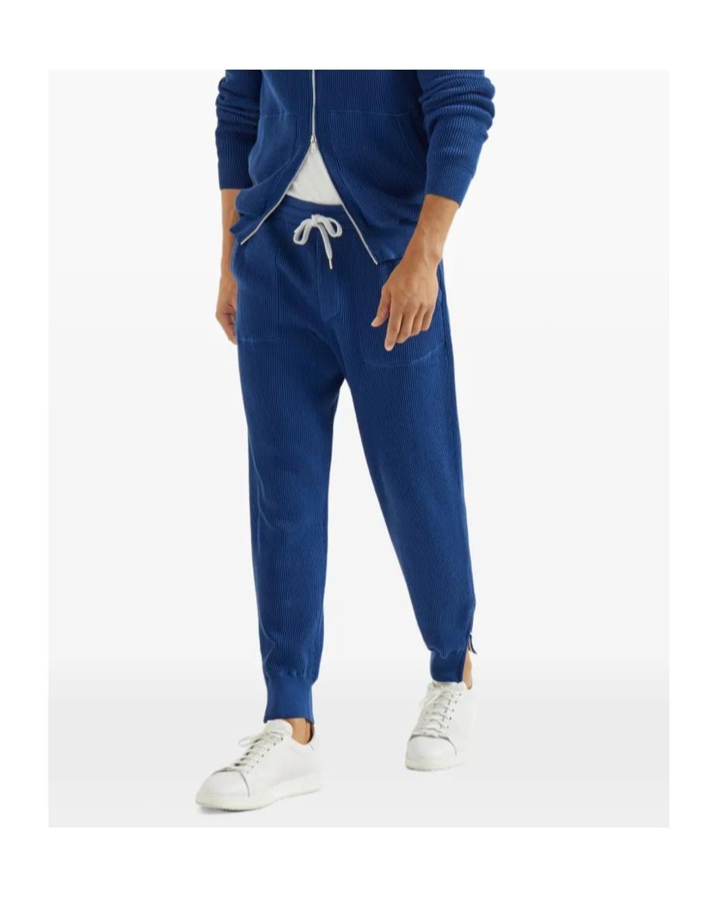 Brunello Cucinelli Blue Cotton English Rib Knit Trousers With Zipper Cuffs for men