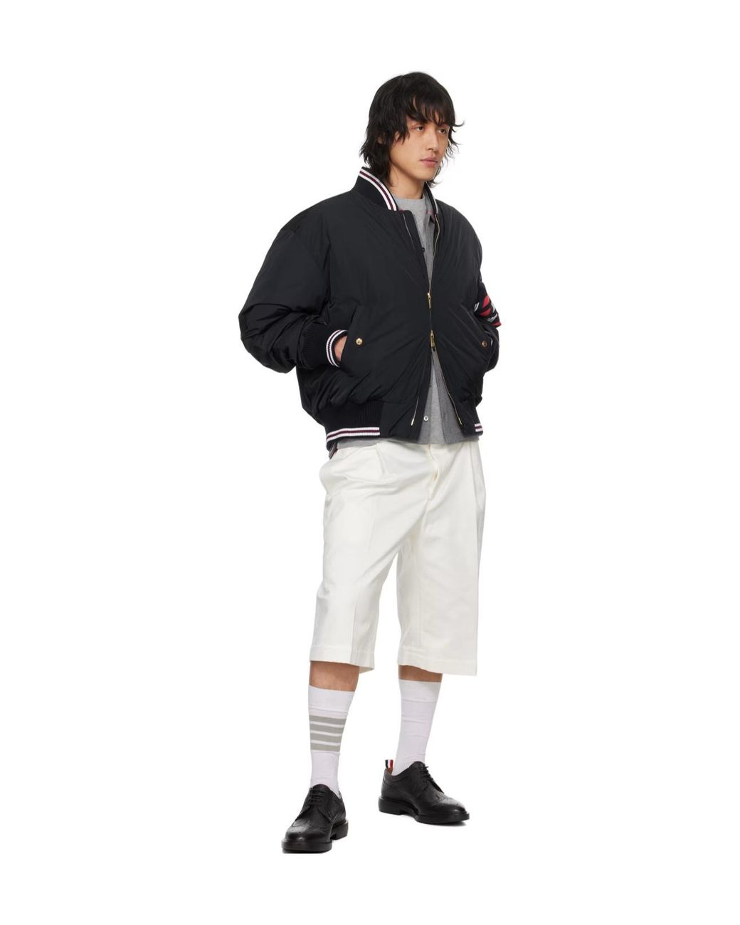 Thom Browne Blue 4-Bar Striped Zipped Puffer Bomber Jacket for men