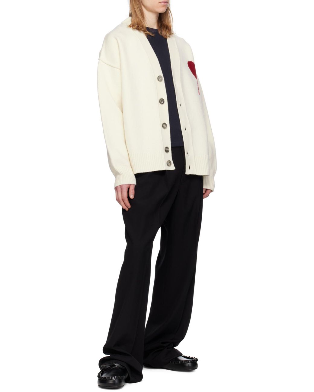 AMI White Ami De Coeur Logo Detailed V-Neck Cardigan for men