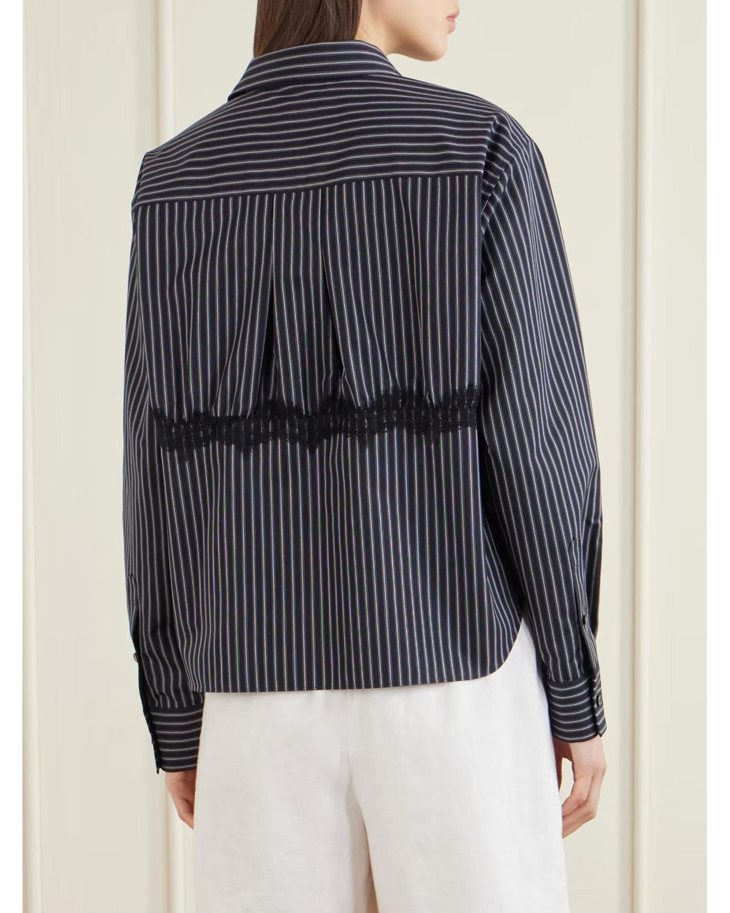 Sacai Blue Striped Lace-Trimmed Cotton-Blend Poplin Shirt
