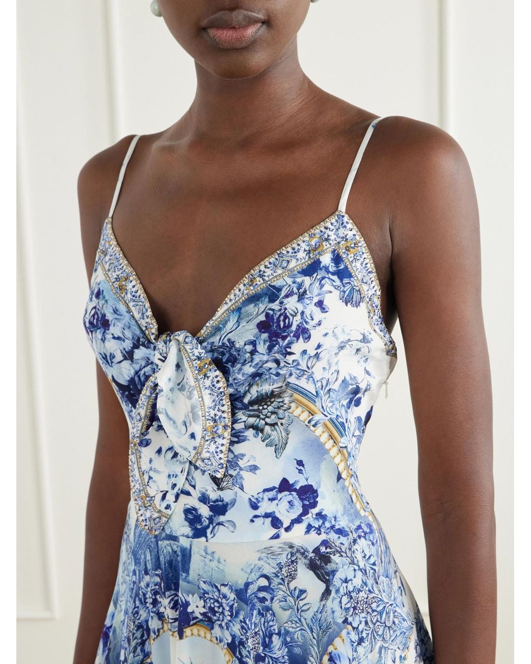 Camilla Blue Porcelain Parlour Tie-Detail Crystal-Embellished Printed Silk Maxi Dress