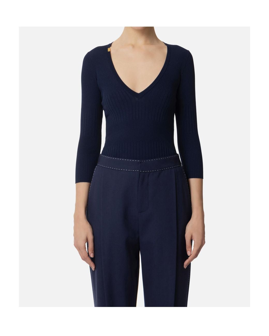 Elisabetta Franchi Blue V-Neck Rib Knit Top