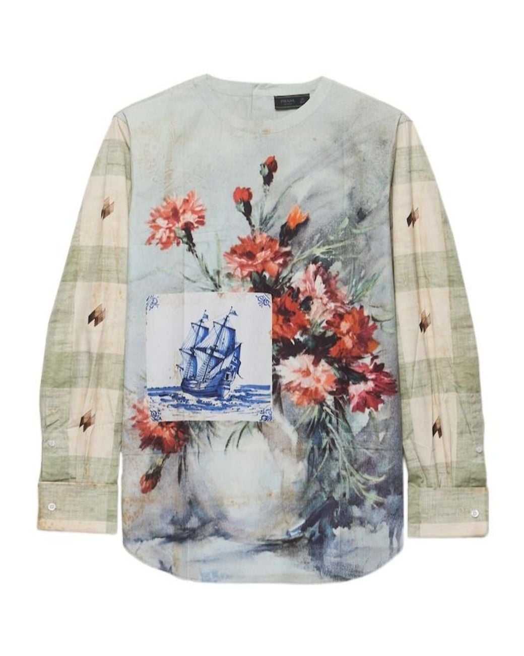 Prada Gray Cotton Floral Back-Button Shirt for men