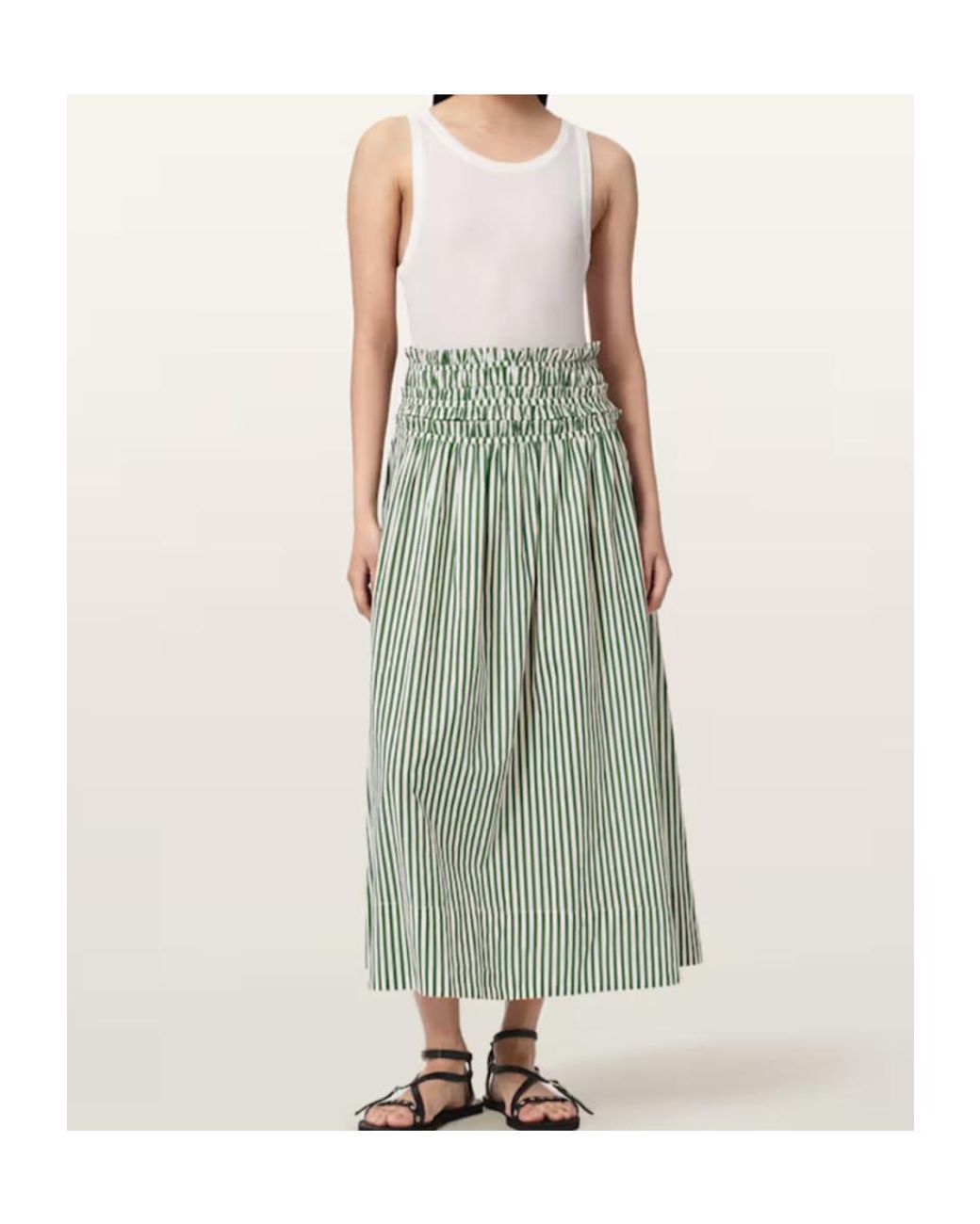 AllSaints Green Kali Smocked Stripe Skirt