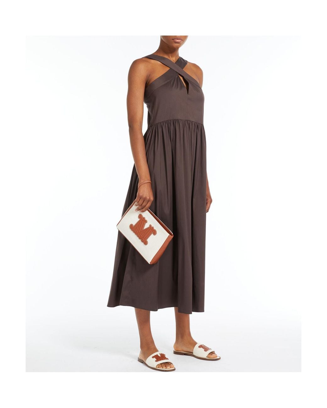 Max Mara Brown V-Neck Poplin Midi Dress