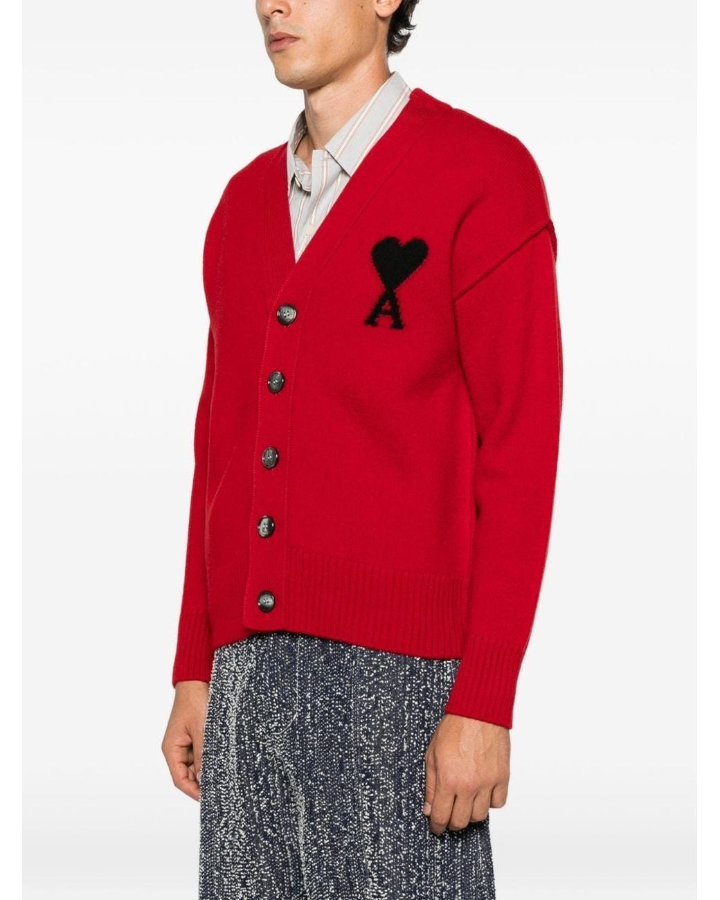AMI Red Ami Ami De Coeur Logo Intarsia-Knit Cardigan for men
