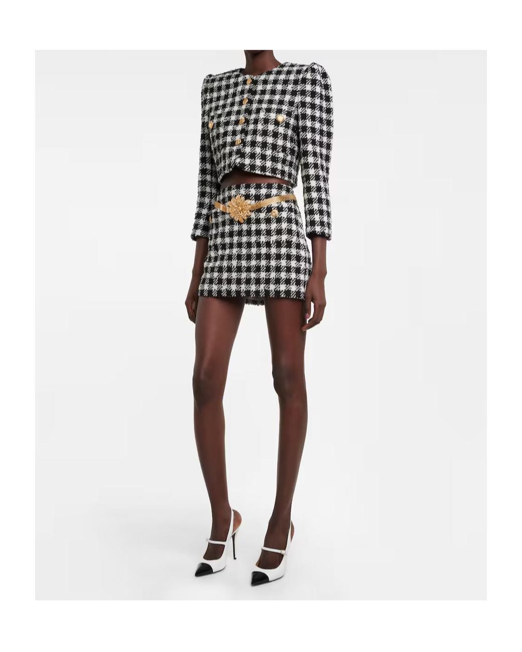Alessandra Rich Black Checked Wool-Blend Bouclé Miniskirt