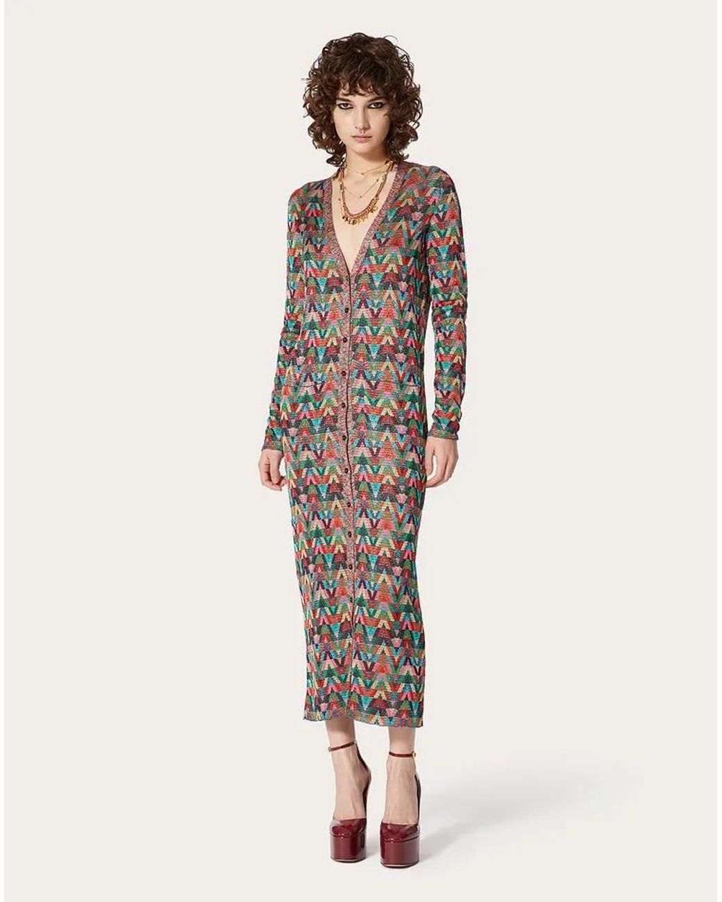 Valentino Brown Jacquard Optical-Pattern Lurex Long Cardigan