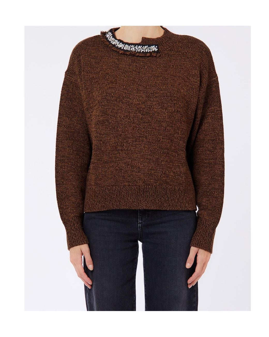 Liu Jo Brown Embellished Round-Neck Knitted Sweater