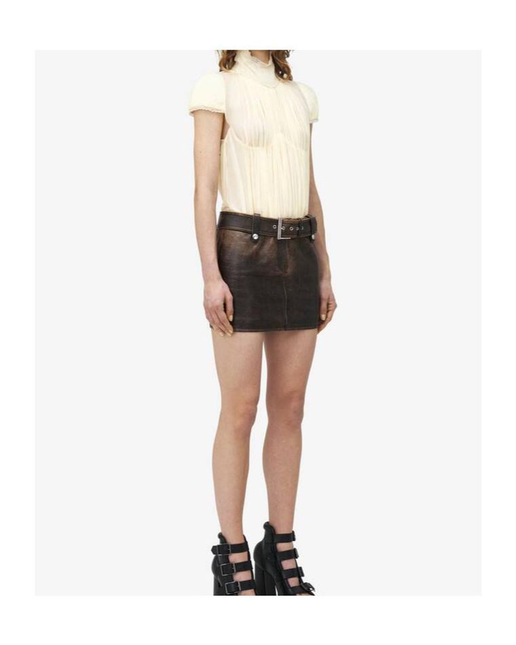 McQueen Brown Belted Leather Mini Skirt