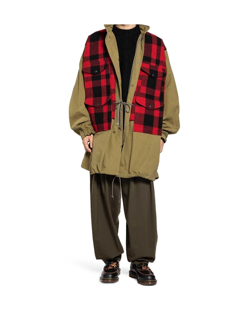 Junya Watanabe Red Checked Drawstring Coat for men