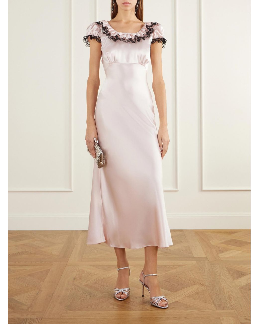 Rodarte Pink Lace-Trimmed Satin Midi Dress