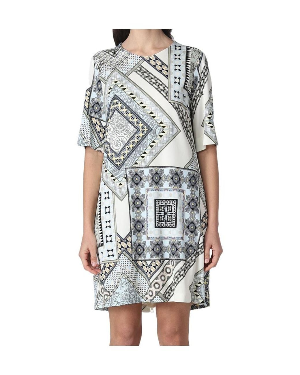 Etro Blue Short-Sleeved Patchwork Printed Shift Dress