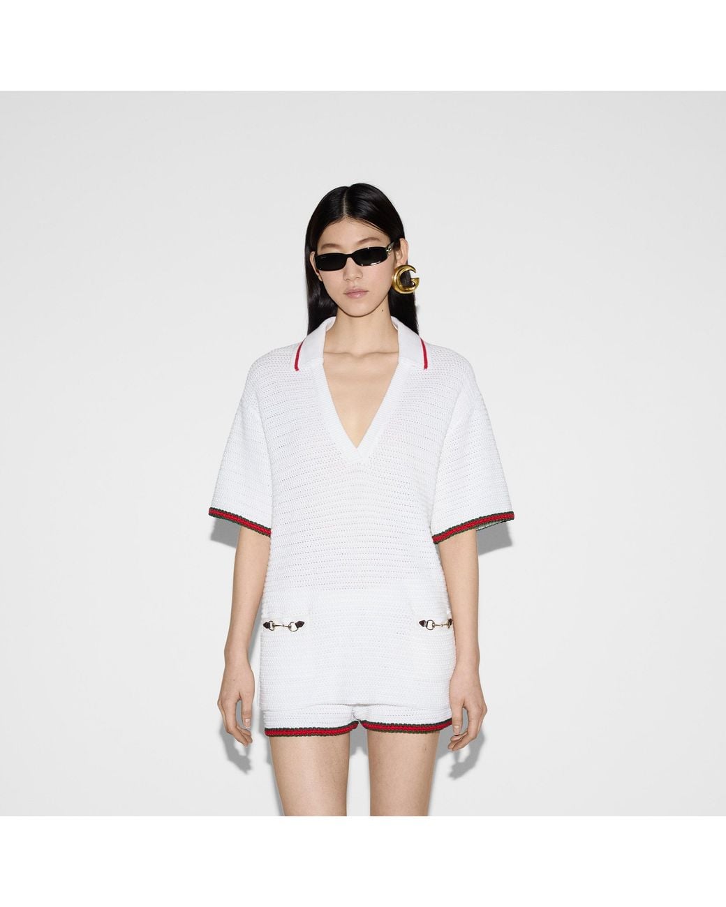 Gucci White Web-Stripe Trim Crochet Top
