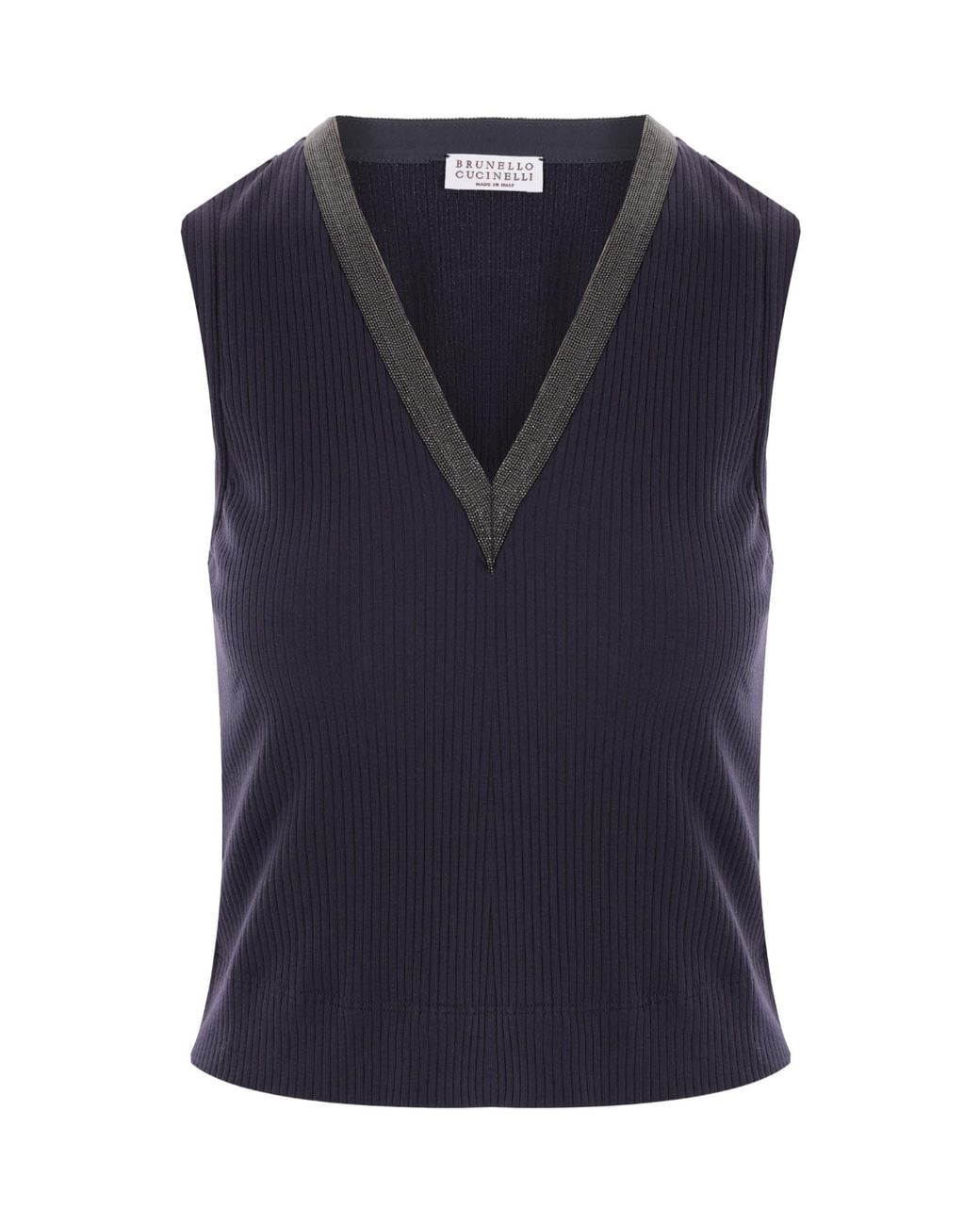 Brunello Cucinelli Blue V-Neck Sleeveless Ribbed Top