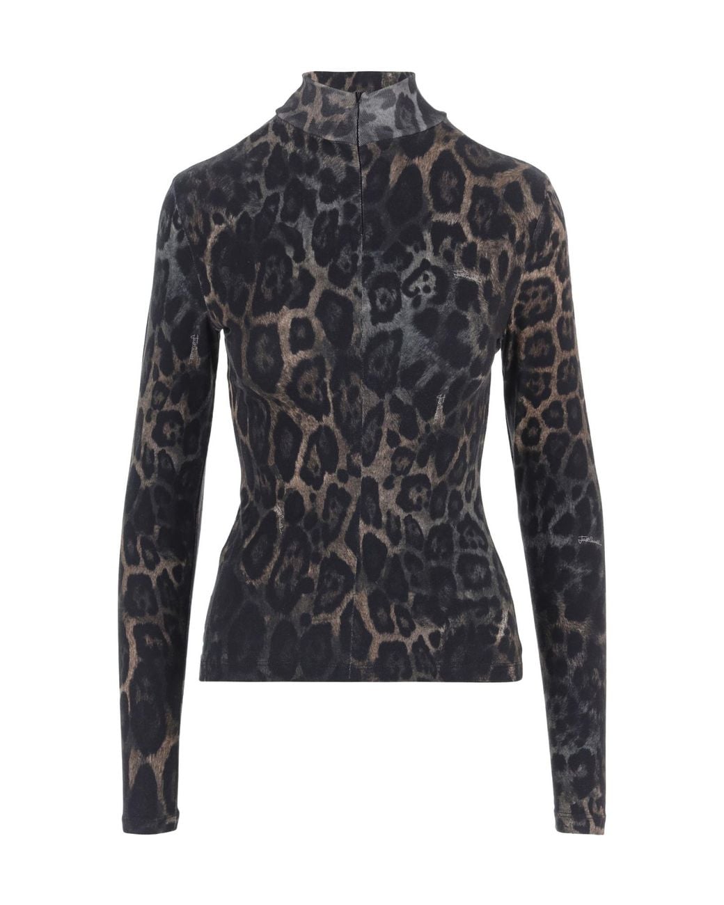 Just Cavalli Black Animal-Print Zip Mock-Neck Sweater