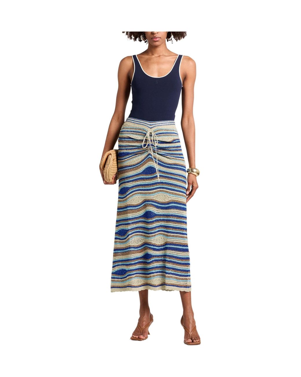 Farm Rio Blue Striped Metal-Panel A-Line Midi Skirt