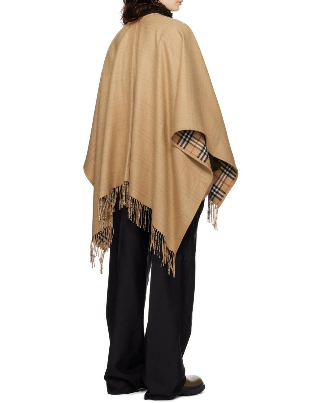 Burberry Brown Checked Fringed-Edge Reversible Cape