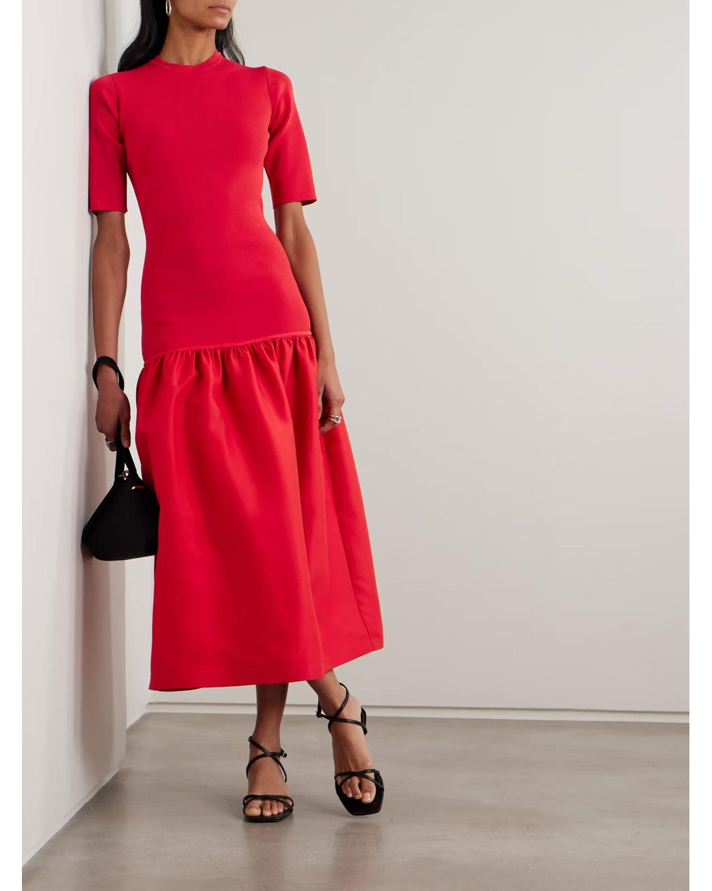 Totême Twinflower Gathered Ribbed-Knit And Wool And Silk-Blend Crepe Midi Dress