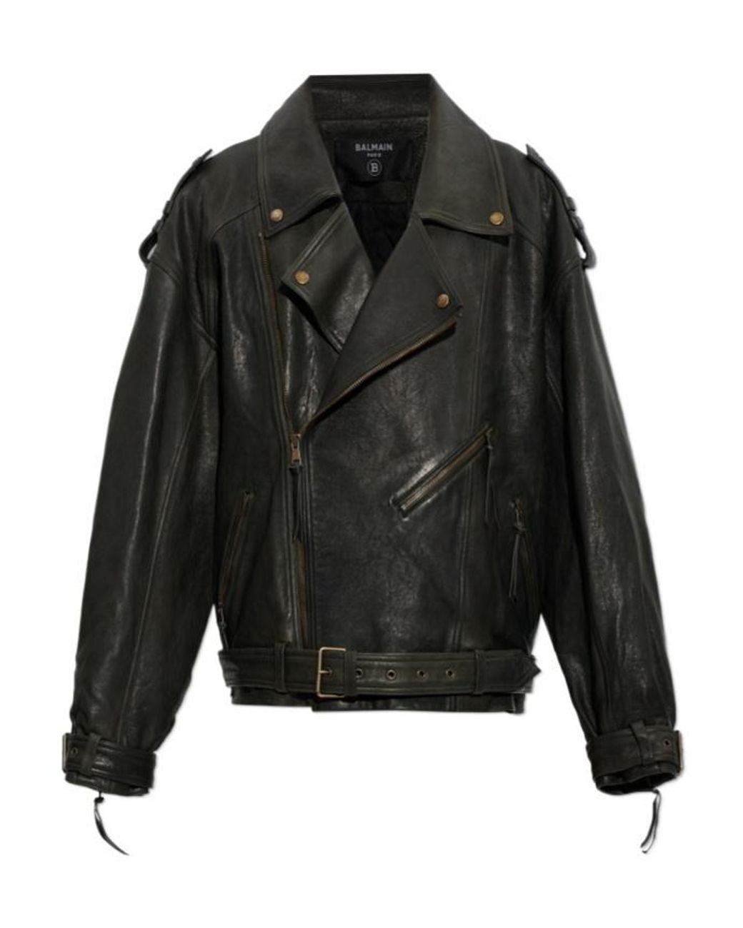 Balmain Black Oversized Biker Leather Jacket for men