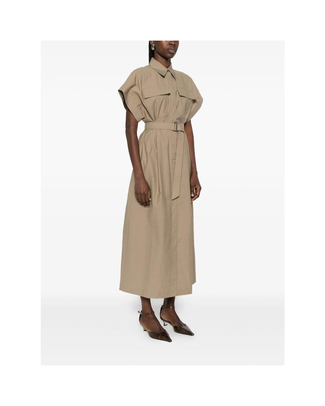 Brunello Cucinelli Natural Short Sleeve Belted Dress