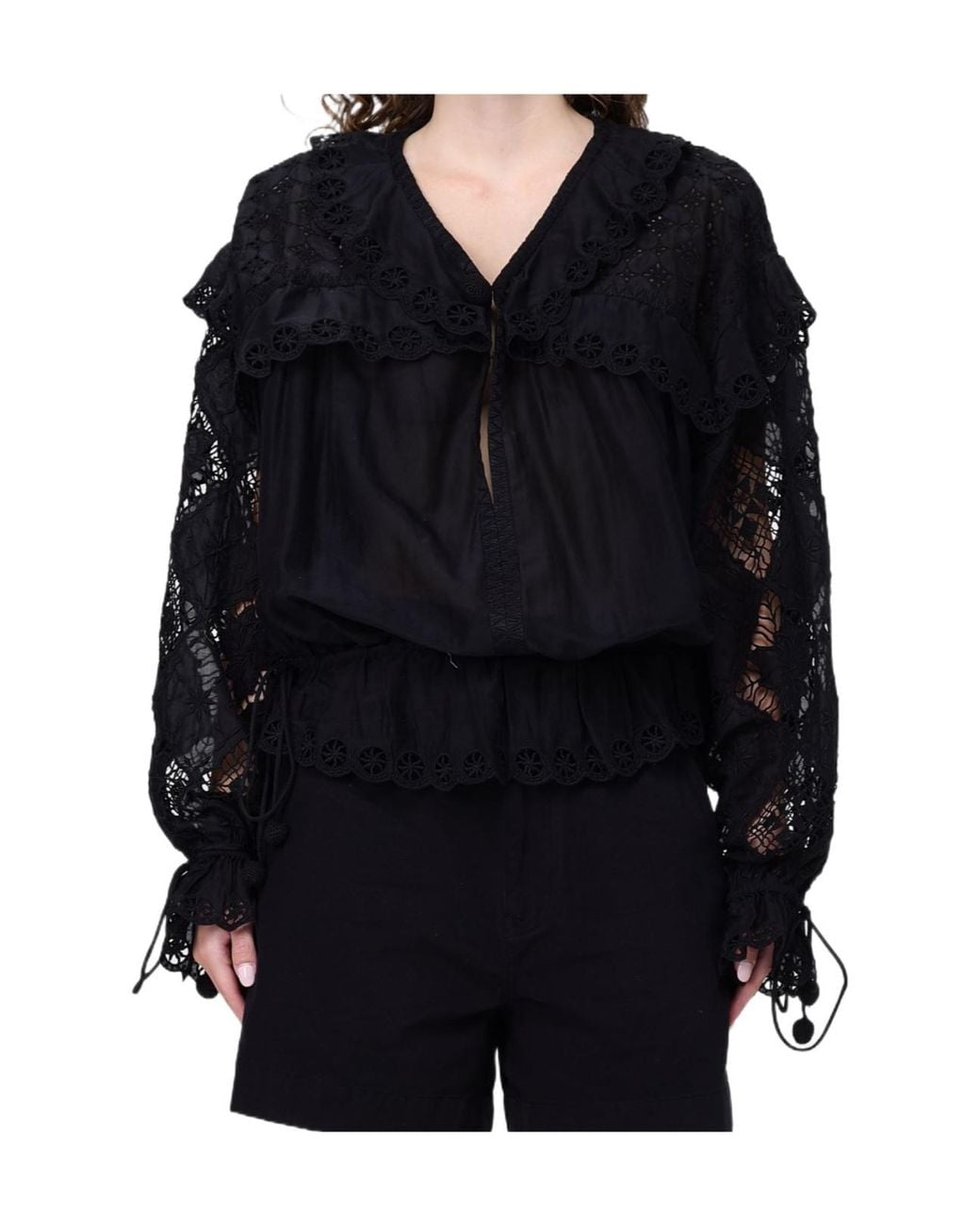 Isabel Marant Black Long-Sleeved Lace-Detailed Blouse