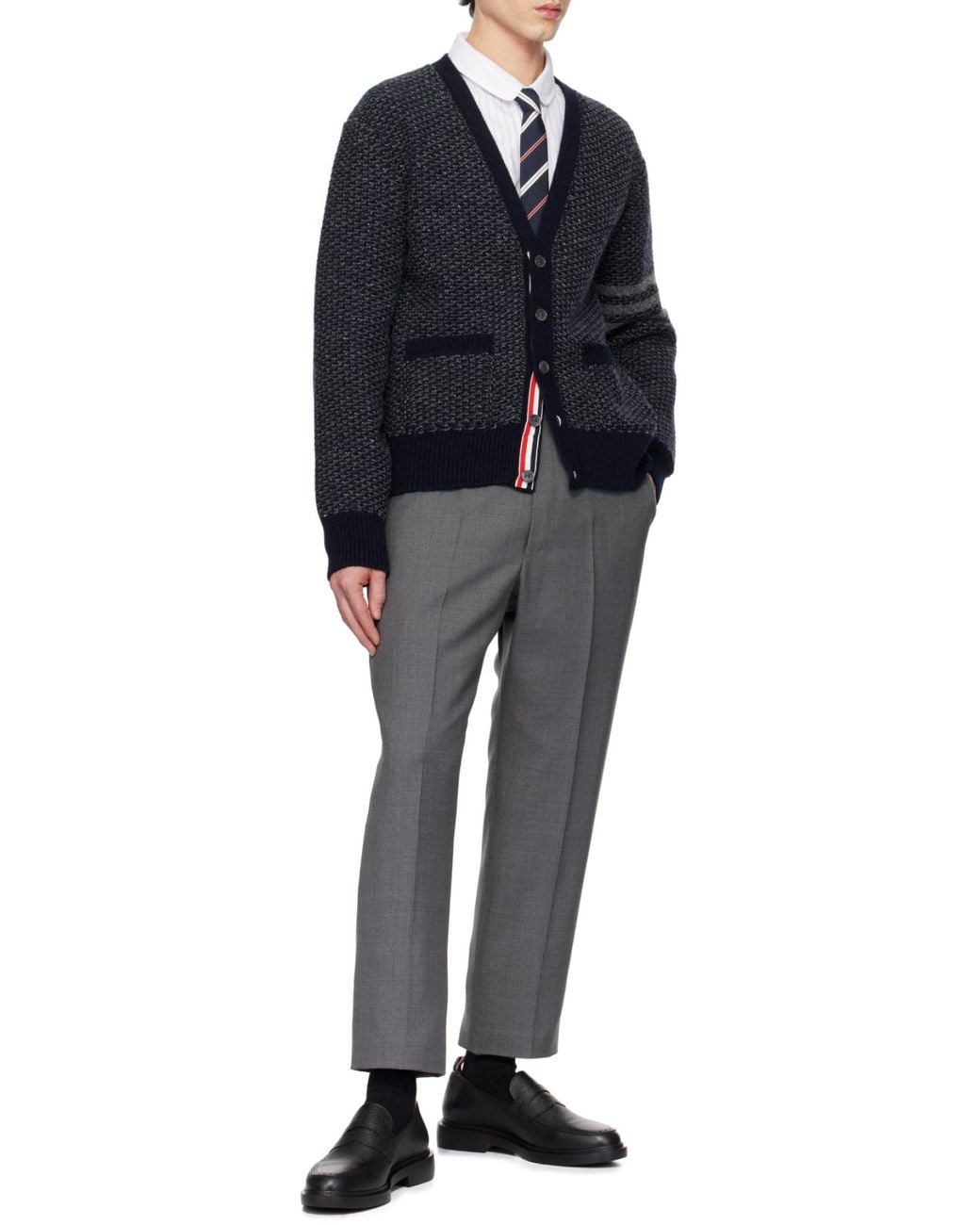 Thom Browne Blue Bar Textured-Knit Cardigan for men