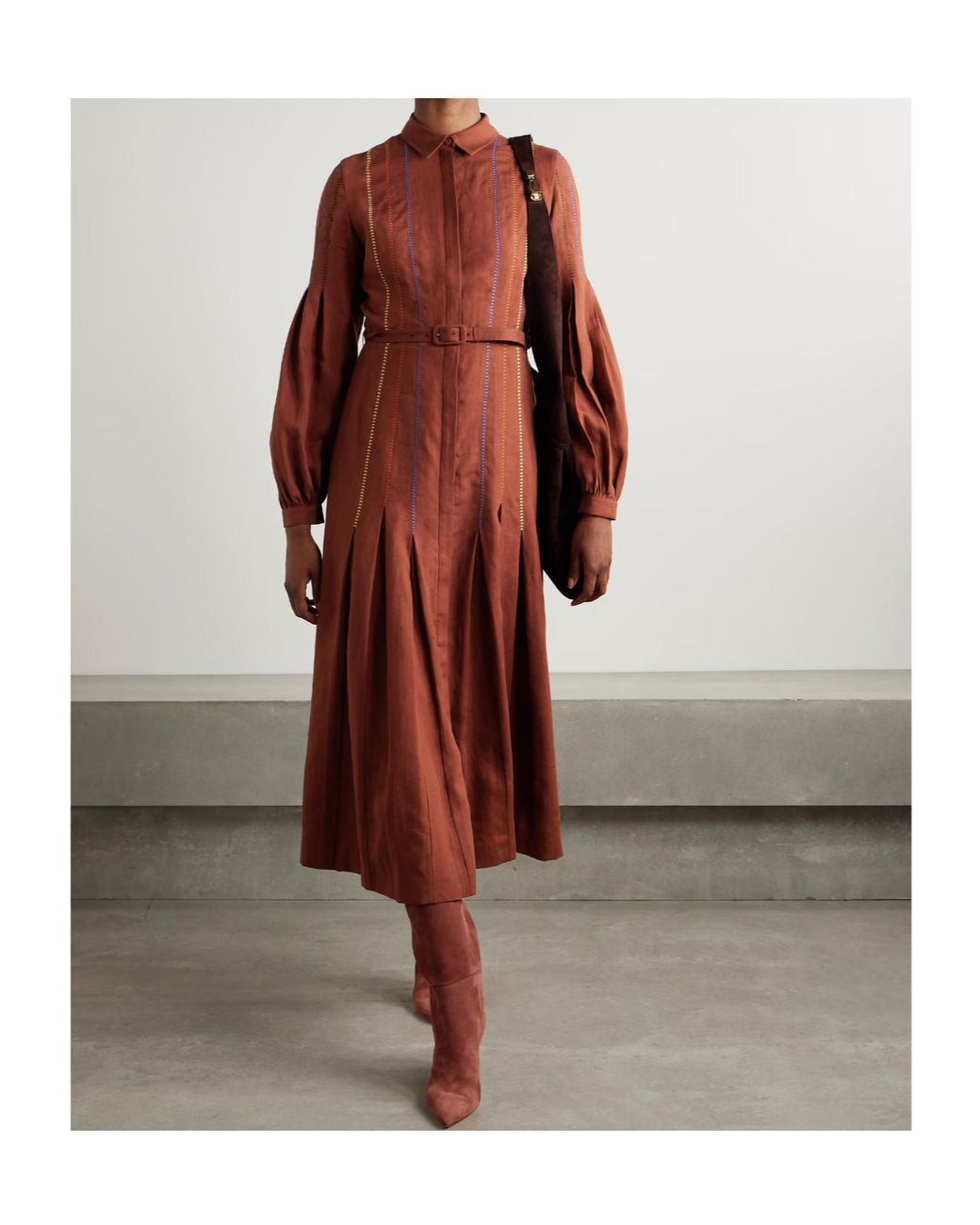 Gabriela Hearst Aleka Belted Embroidered Linen Midi Shirt Dress