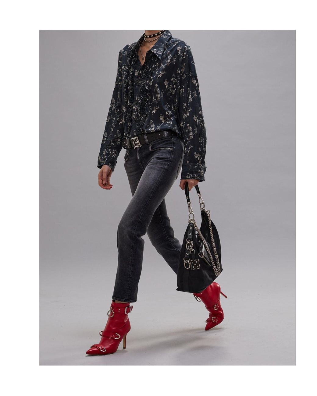 R13 Gray Ruffled Floral-Print Shirt