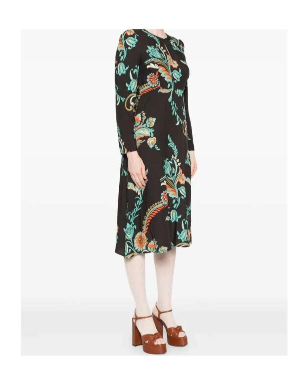Etro Green Keyhole Neck Floral Printed Midi Dress