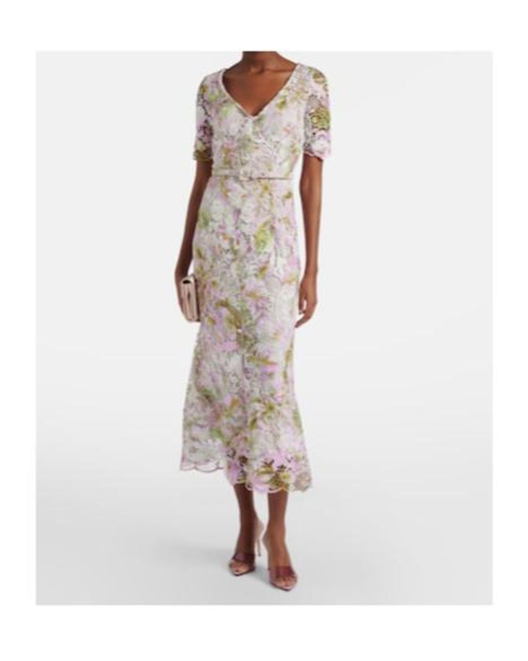 Monique Lhuillier White Belted Lace Midi Dress