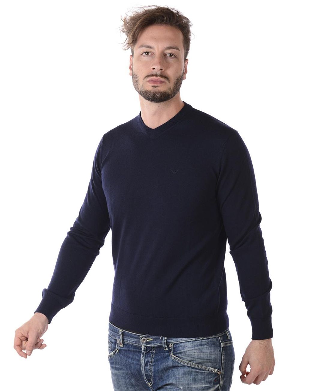 Emporio Armani Blue Round-Neck And Long-Sleeved Sweater for men