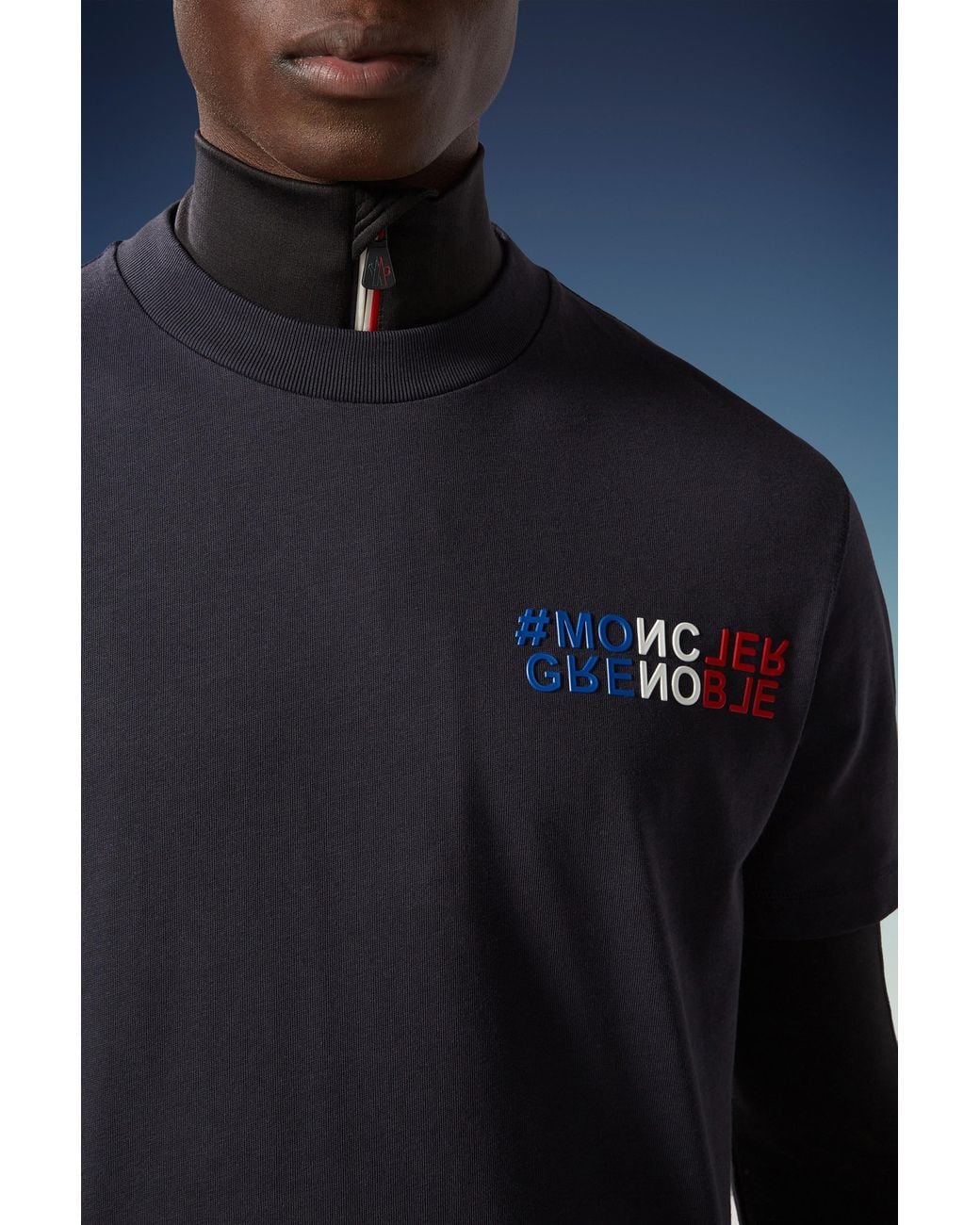 Moncler Blue Grenoble Mountain Logo Embossed Crewneck T-Shirt for men