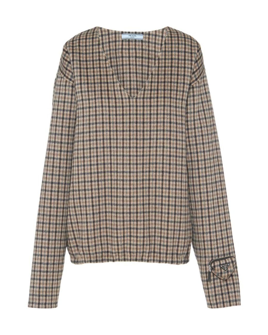 Prada Gray V-Neck Checked Pullover