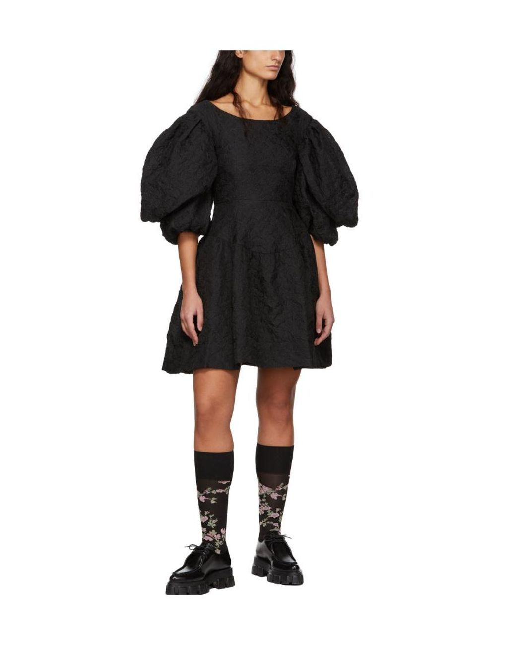 Simone Rocha Black Jacquard Puff-Sleeve Mini Dress