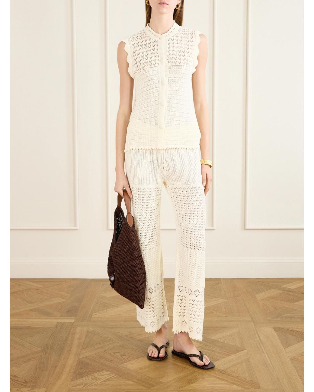 Eres White Crochet-Knit Straight-Leg Pants
