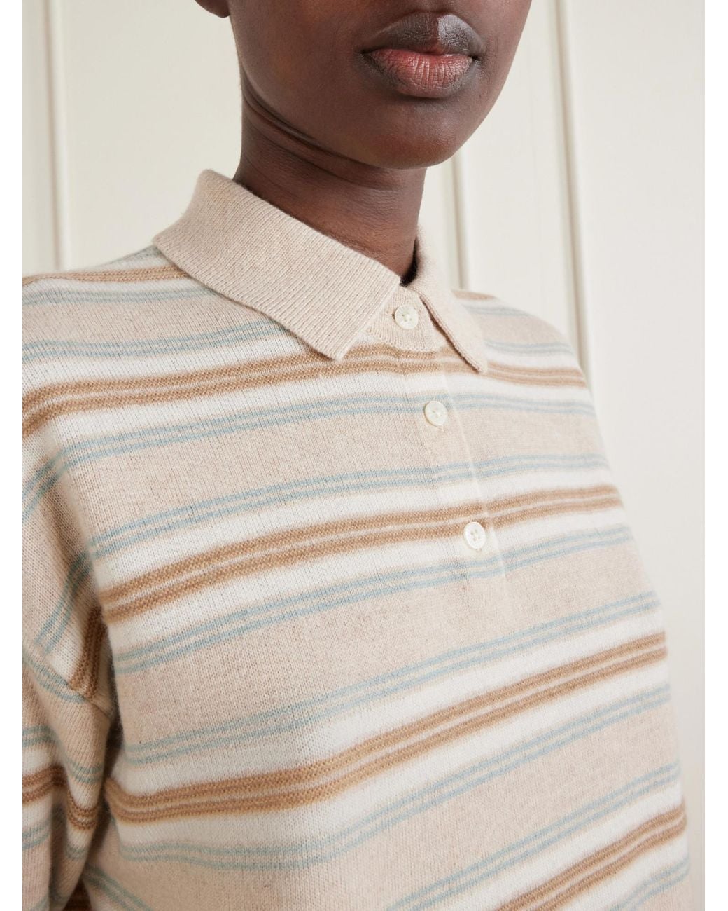 Guest In Residence White Collegiate Striped Cashmere Polo Sweater